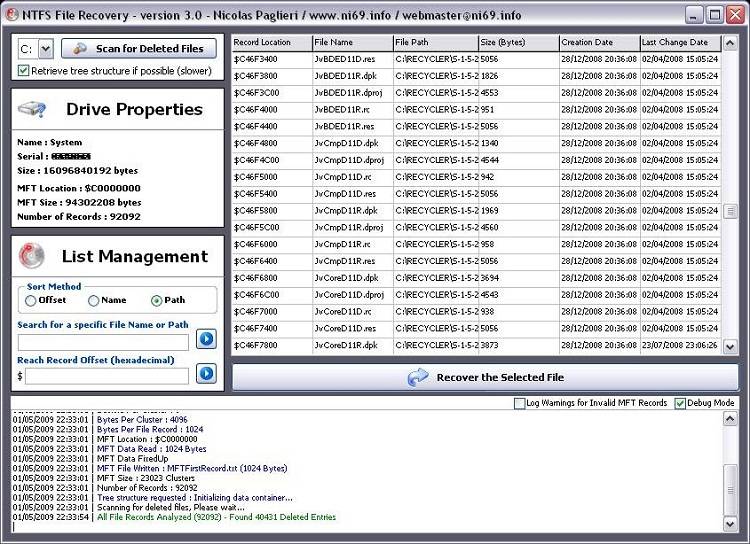 Screenshot of NTFS File Recovery
